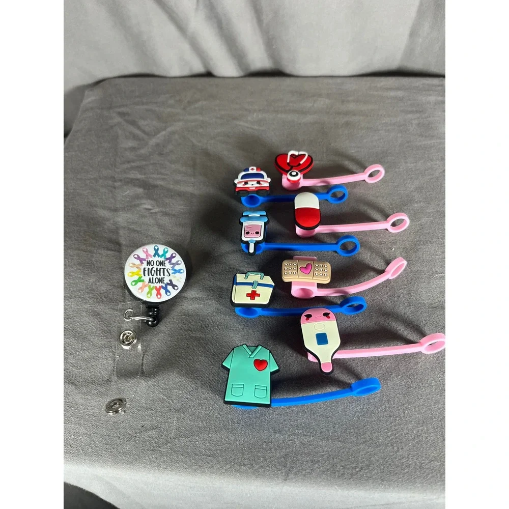 Nurse Doctor Medical Straw‎ Cover Set Badge Reel Set Cancer Awareness Ribbon